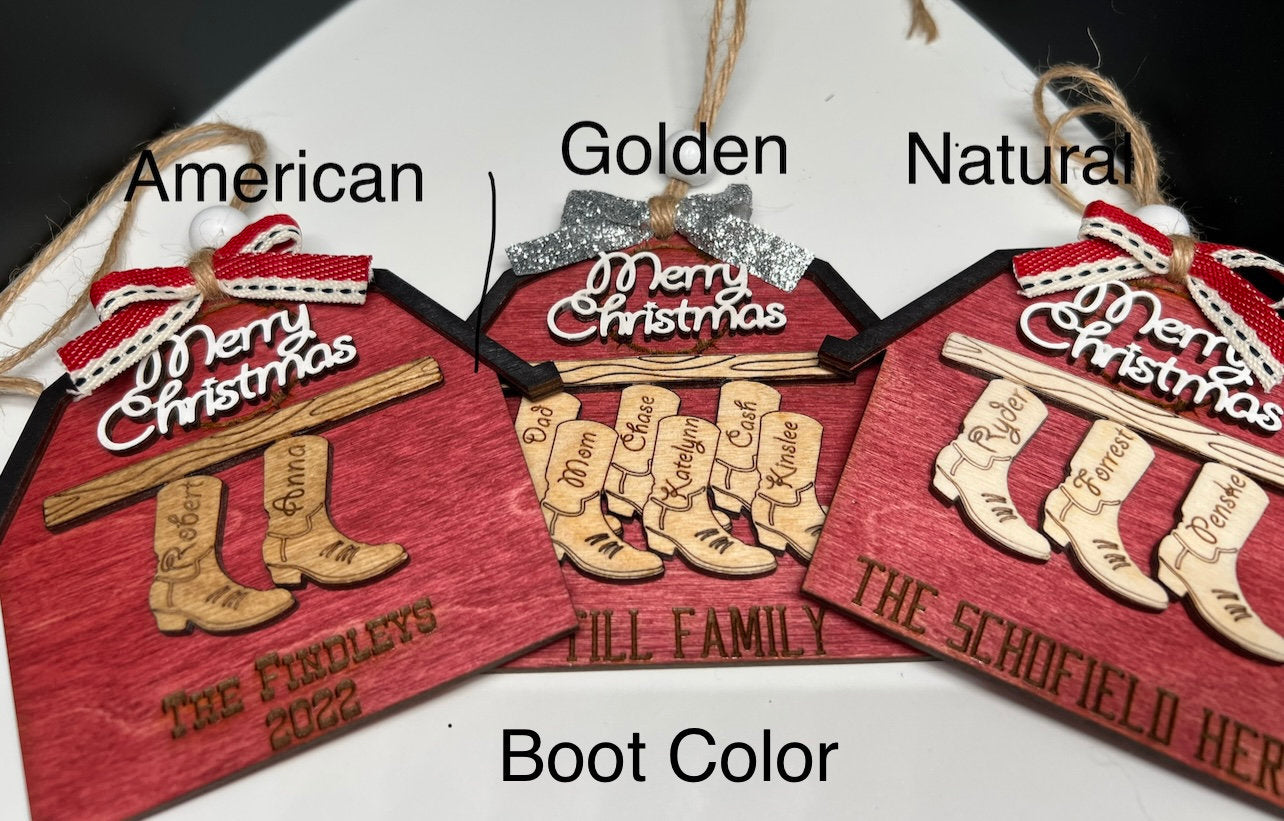Personalized Boot/Barn Ornament, Farm Ornament, Custom Family Ornament, Christmas Ornament, Personalized Stocking Ornament, Family Name Gift