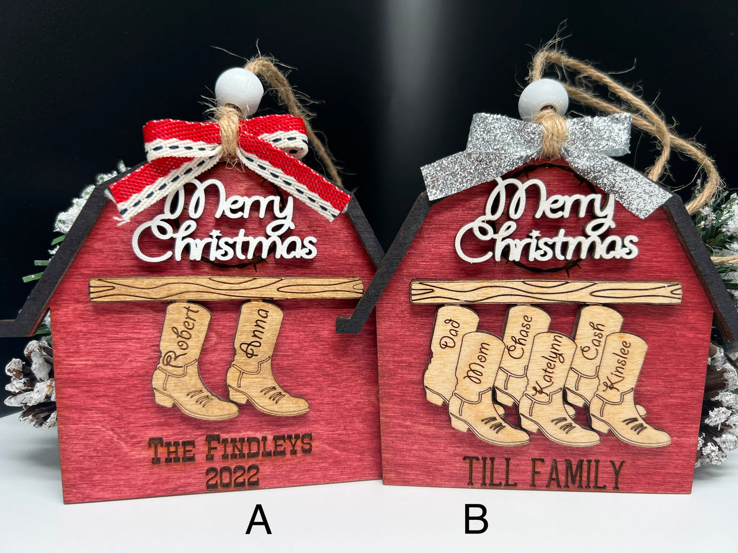 Personalized Boot/Barn Ornament, Farm Ornament, Custom Family Ornament, Christmas Ornament, Personalized Stocking Ornament, Family Name Gift