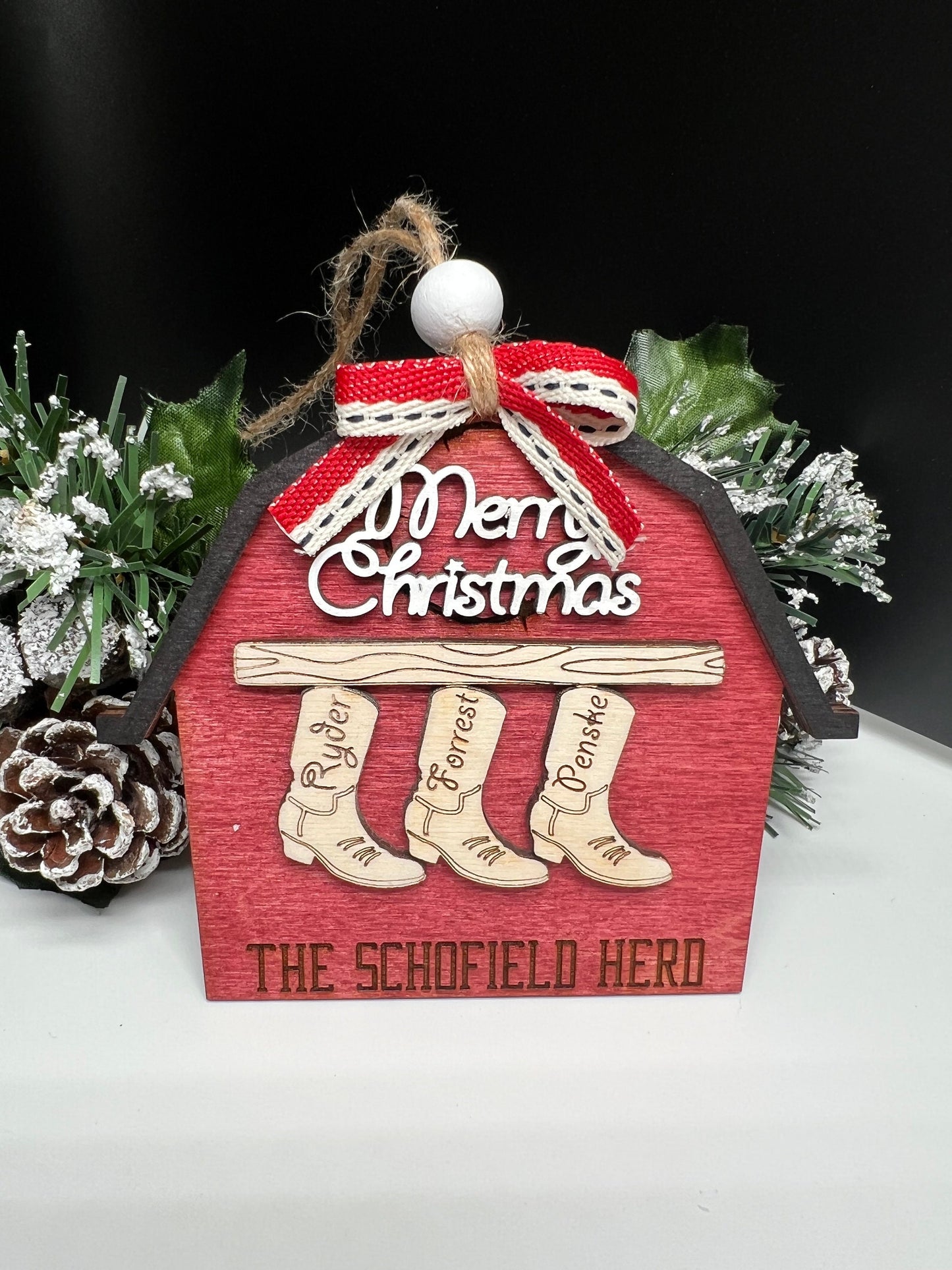Personalized Boot/Barn Ornament, Farm Ornament, Custom Family Ornament, Christmas Ornament, Personalized Stocking Ornament, Family Name Gift
