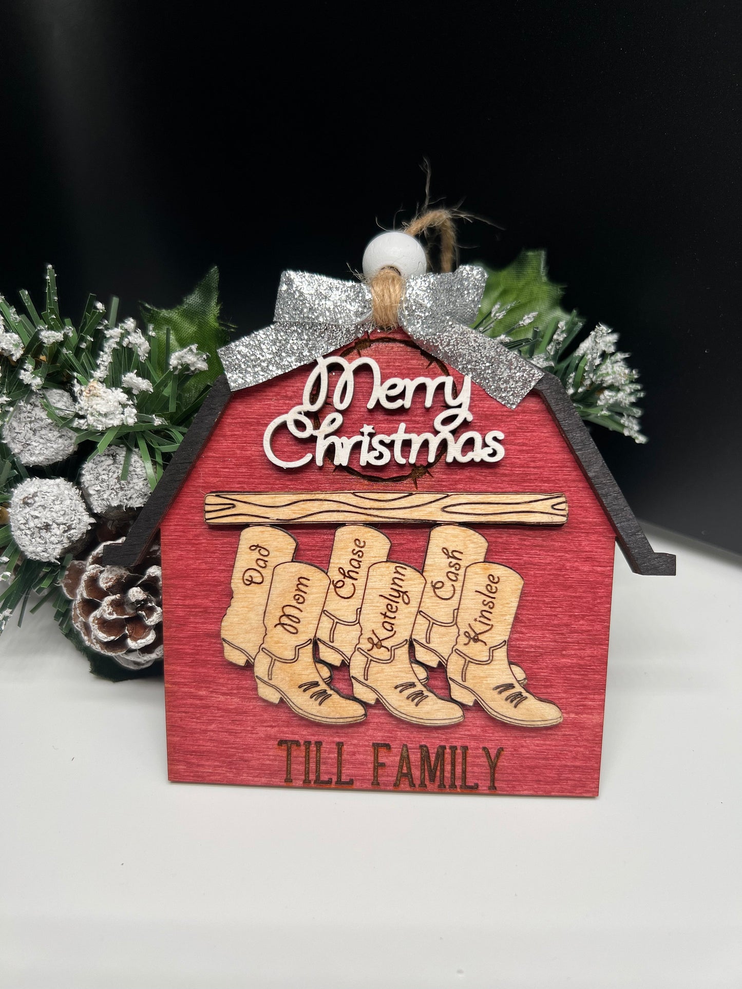 Personalized Boot/Barn Ornament, Farm Ornament, Custom Family Ornament, Christmas Ornament, Personalized Stocking Ornament, Family Name Gift