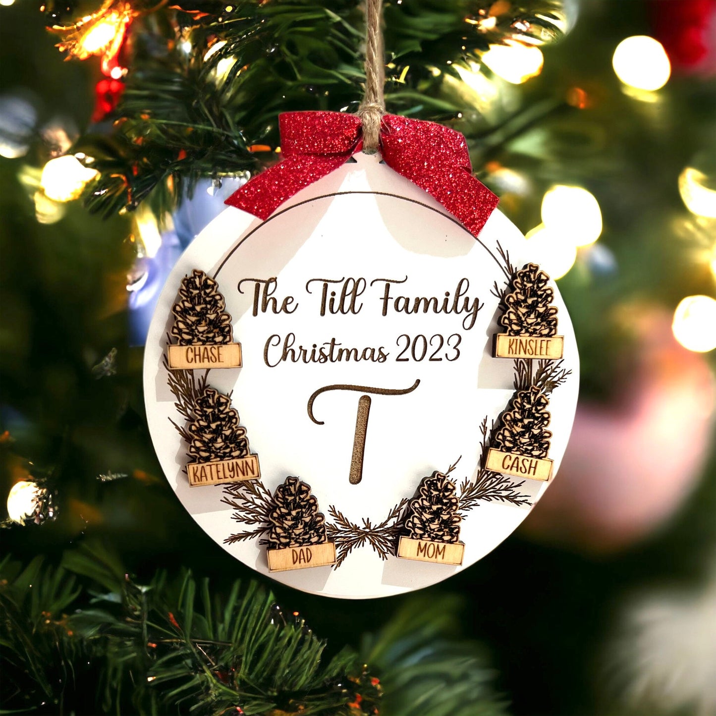 Personalized Family Pinecone Ornament, Custom Initial Name Ornament, Christmas 2024 Ornament, Family Ornaments, Custom Wooden Ornament Gifts