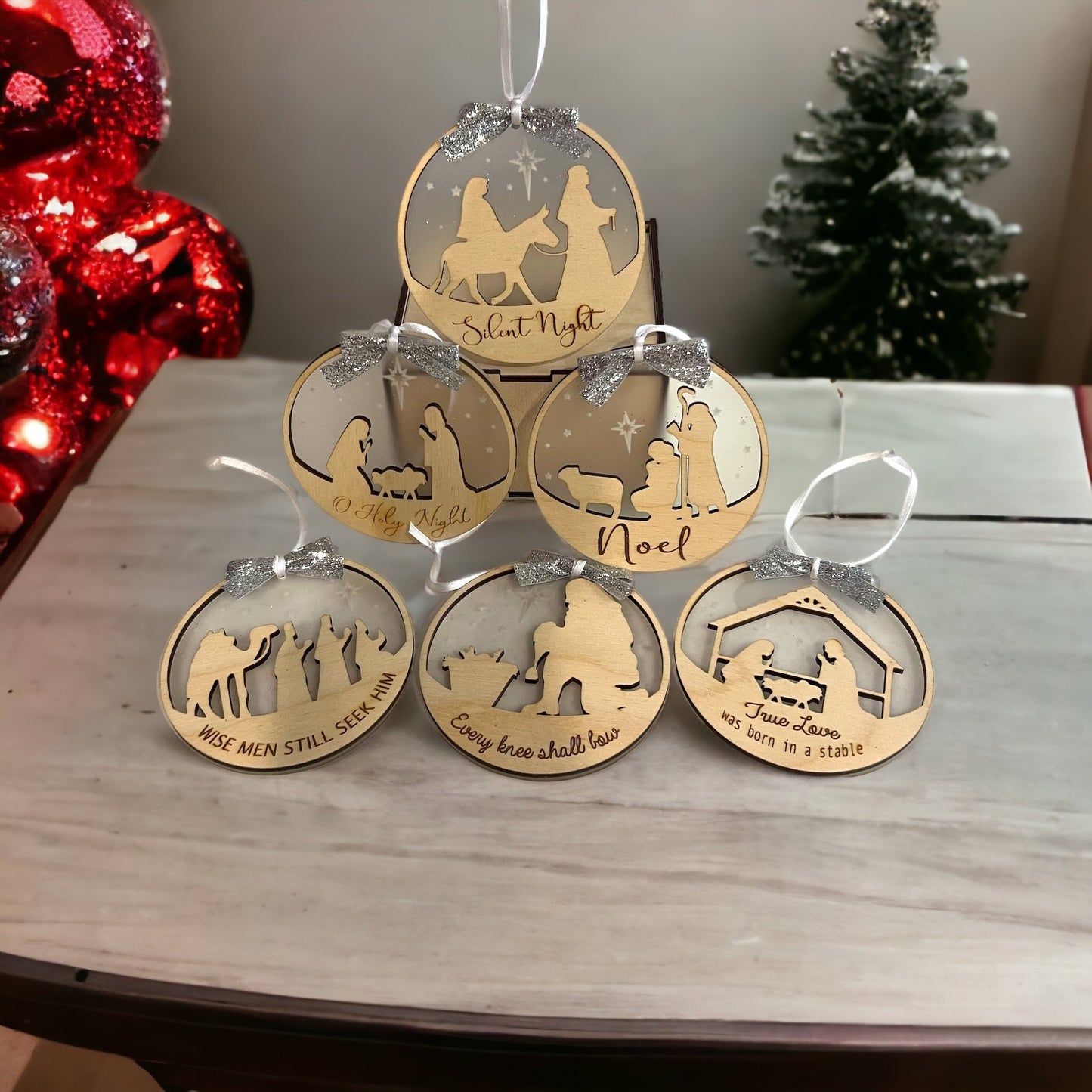 Nativity Ornament Set with Personalized Box, Christmas Ornament Set, Christmas Tree Decor, Custom Christmas Wooden Ornaments, Farmhouse Gift