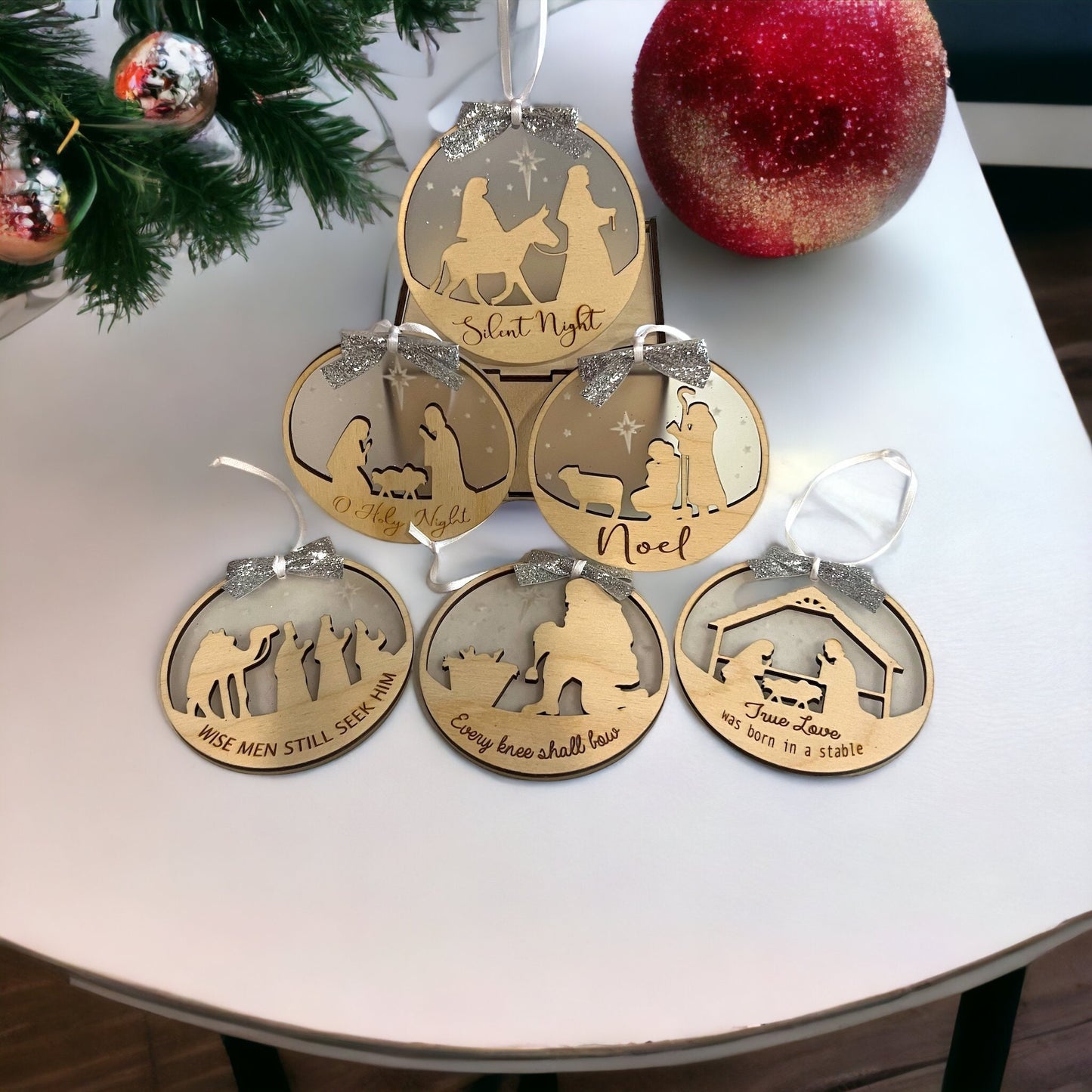 Nativity Ornament Set with Personalized Box, Christmas Ornament Set, Christmas Tree Decor, Custom Christmas Wooden Ornaments, Farmhouse Gift