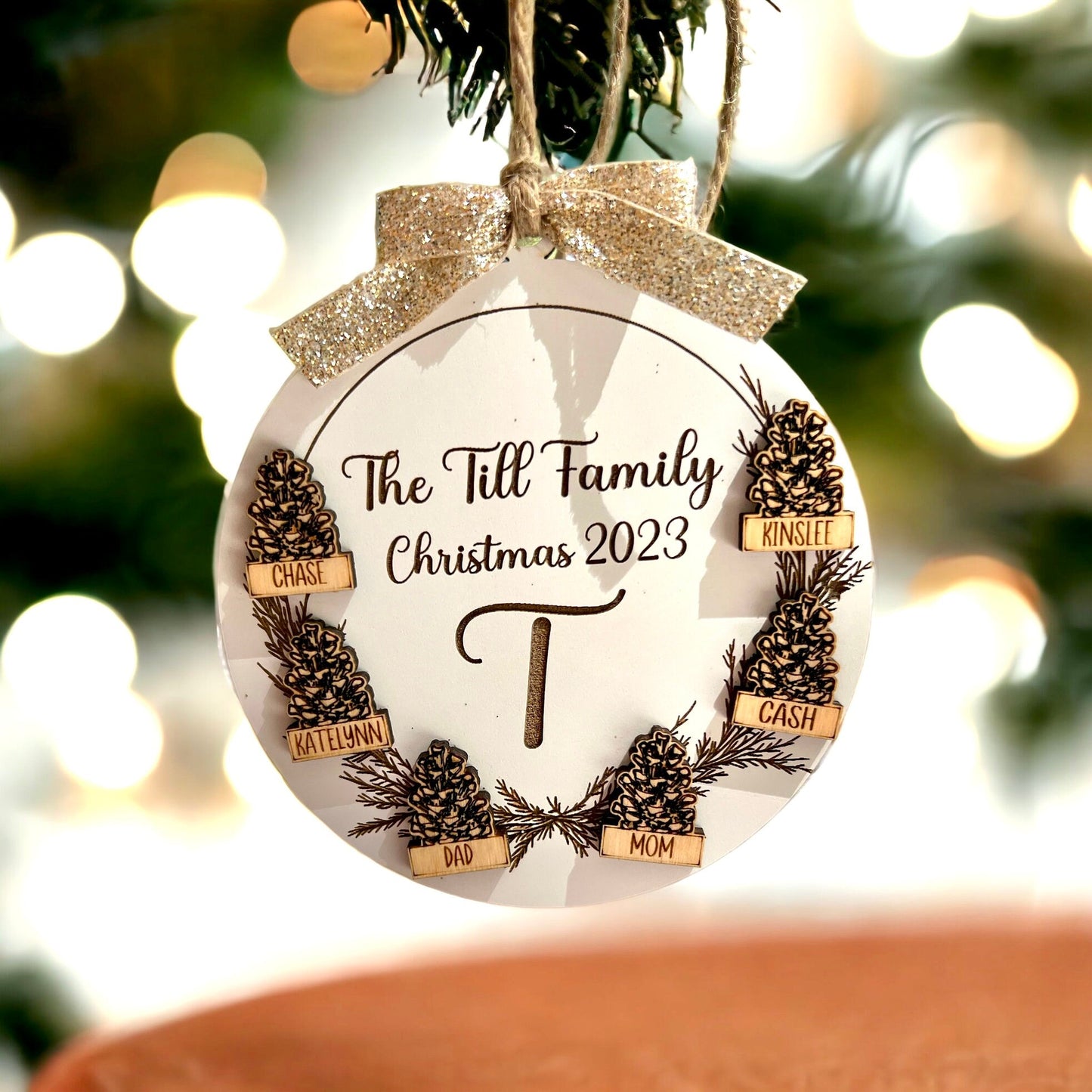Personalized Family Pinecone Ornament, Custom Initial Name Ornament, Christmas 2024 Ornament, Family Ornaments, Custom Wooden Ornament Gifts