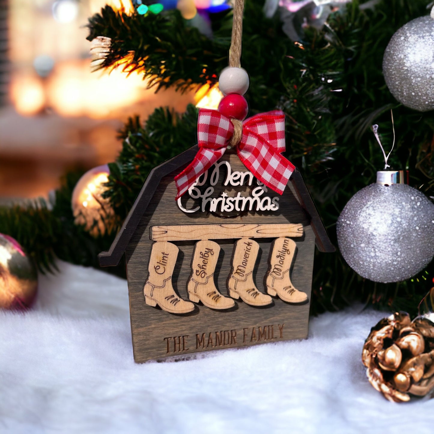 Custom Family Barn Ornament, Boot Ornament, Custom Wooden Ornament, Christmas Ornament, Personalized Farmhouse Ornament, Family Name Gift