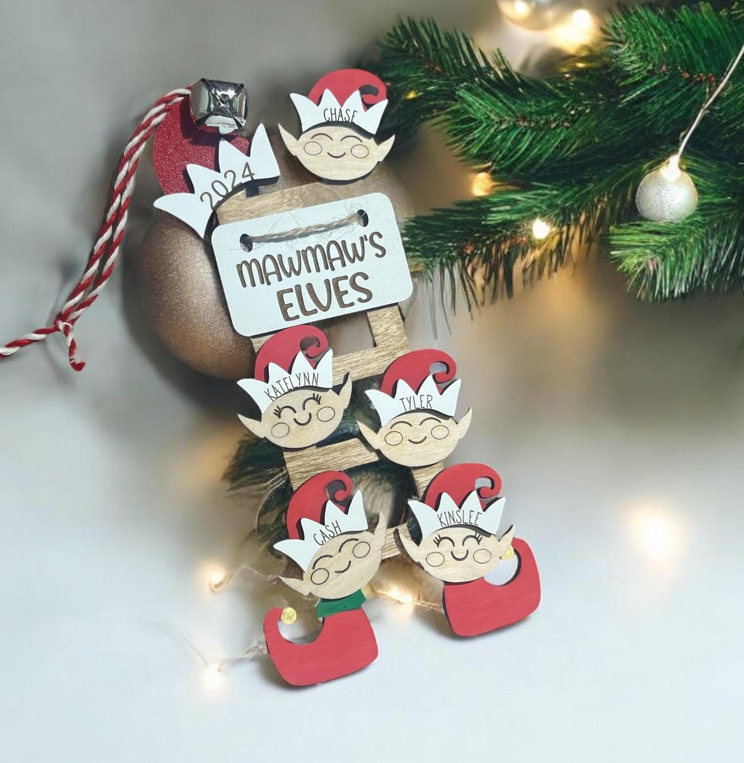 Personalized Elf Ladder Ornament, Grandparent Ornament, 2024 Christmas Ornament, Custom Family Ornament, Children Ornament, Tree Ornament