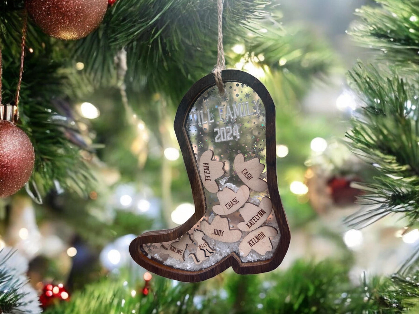 Personalized Shaker Boot Ornament, Family Name Gifts, Christmas Animal Ornament, Cowboy Hat Ornament, Western Ornament, Car Decor, Farm Gift