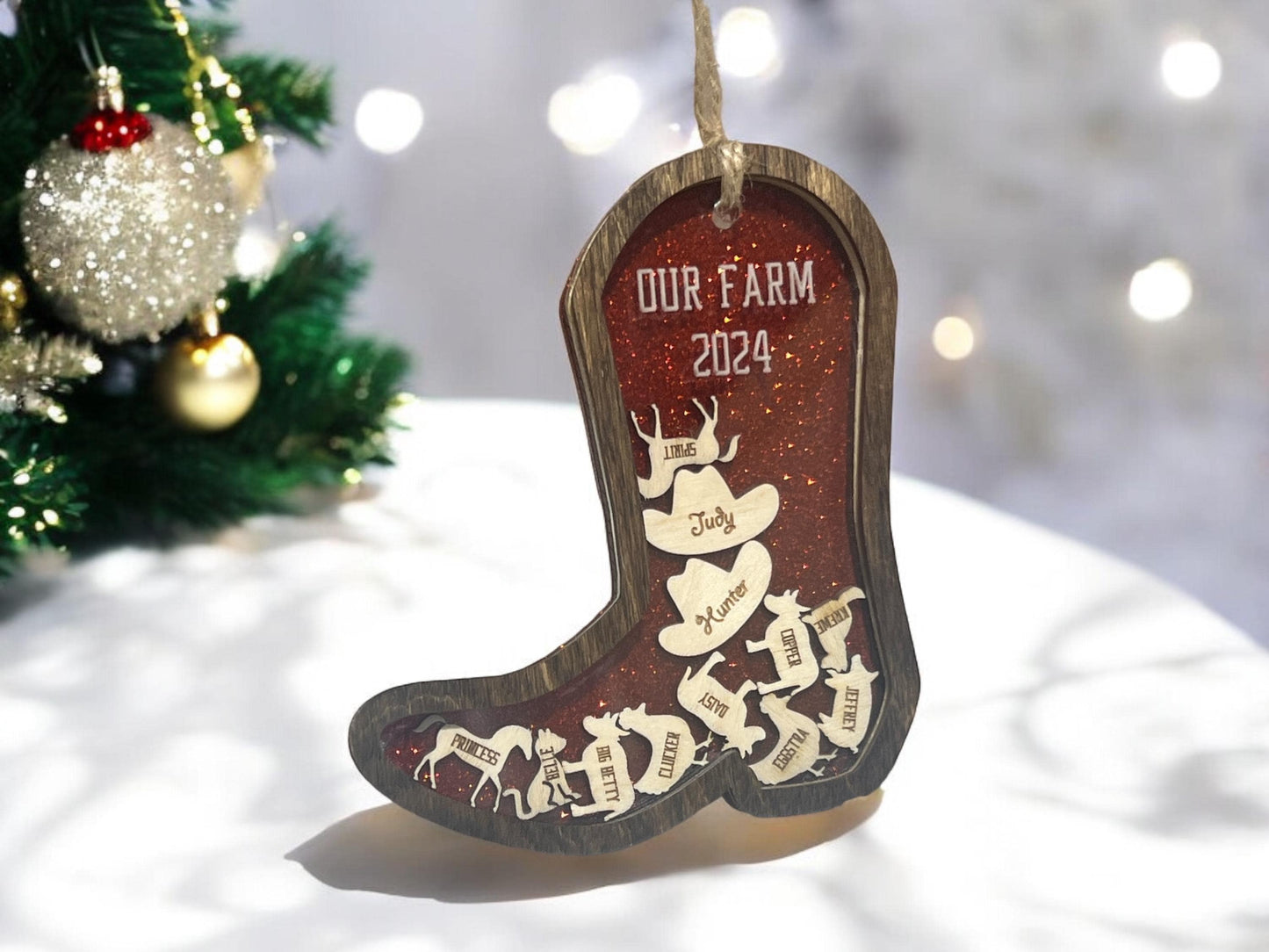 Personalized Shaker Boot Ornament, Family Name Gifts, Christmas Animal Ornament, Cowboy Hat Ornament, Western Ornament, Car Decor, Farm Gift