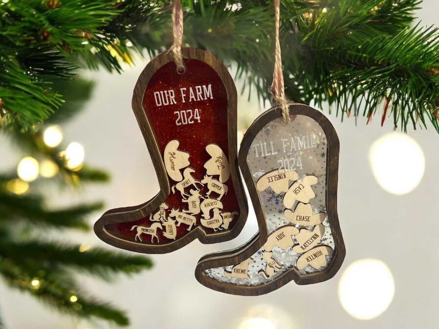 Personalized Shaker Boot Ornament, Family Name Gifts, Christmas Animal Ornament, Cowboy Hat Ornament, Western Ornament, Car Decor, Farm Gift