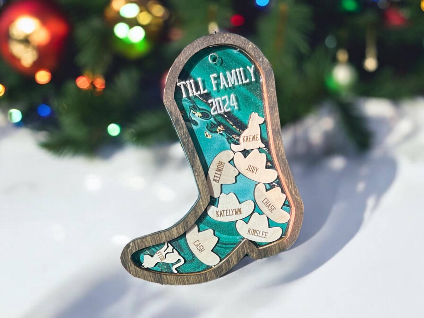 Personalized Shaker Boot Ornament, Family Name Gifts, Christmas Animal Ornament, Cowboy Hat Ornament, Western Ornament, Car Decor, Farm Gift