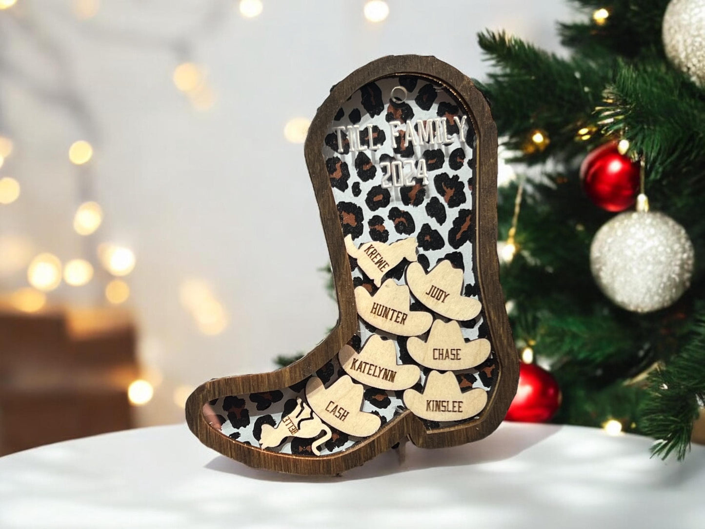 Personalized Shaker Boot Ornament, Family Name Gifts, Christmas Animal Ornament, Cowboy Hat Ornament, Western Ornament, Car Decor, Farm Gift