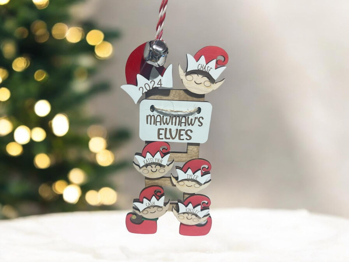 Personalized Elf Ladder Ornament, Grandparent Ornament, 2024 Christmas Ornament, Custom Family Ornament, Children Ornament, Tree Ornament