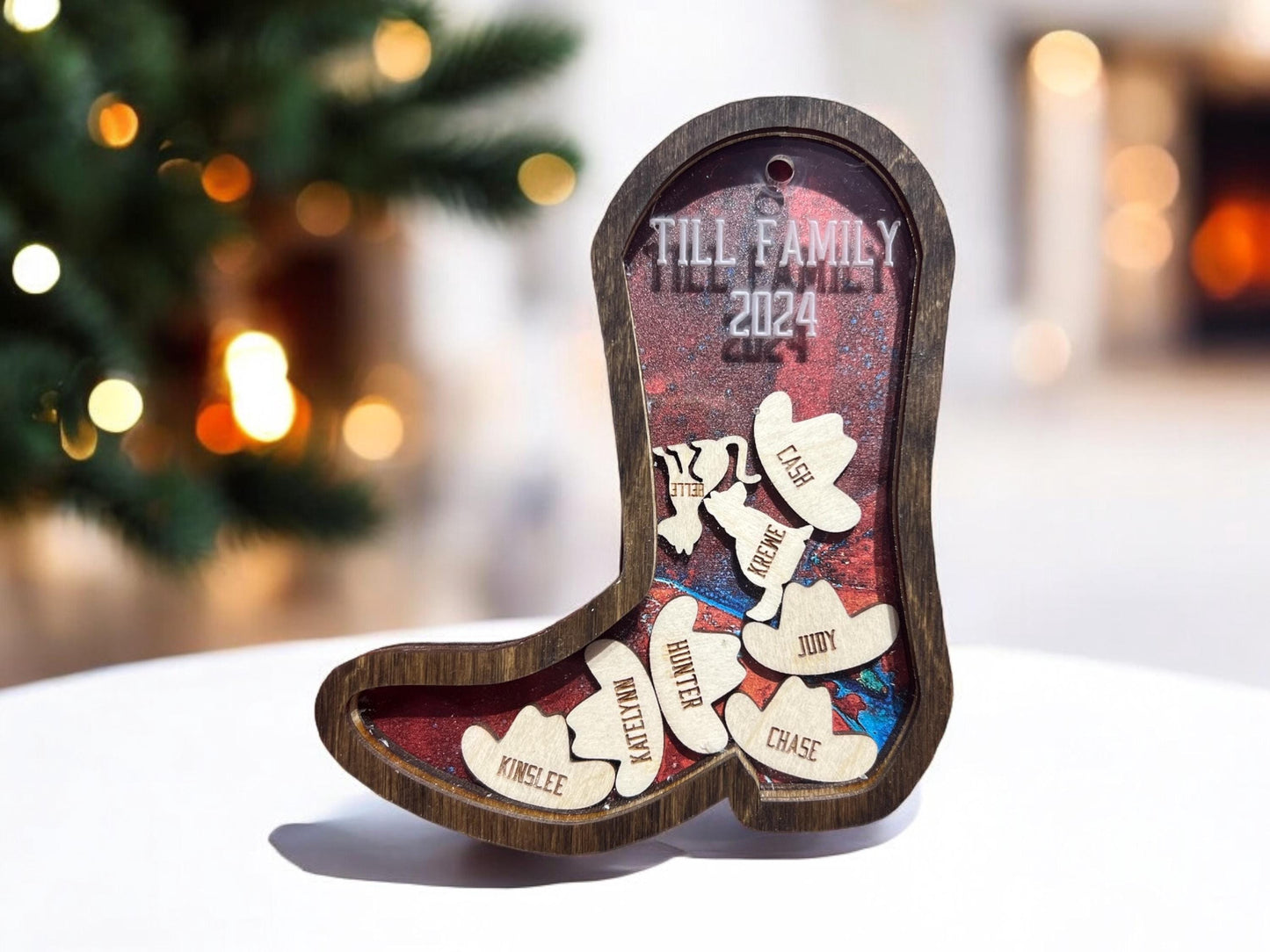 Personalized Shaker Boot Ornament, Family Name Gifts, Christmas Animal Ornament, Cowboy Hat Ornament, Western Ornament, Car Decor, Farm Gift