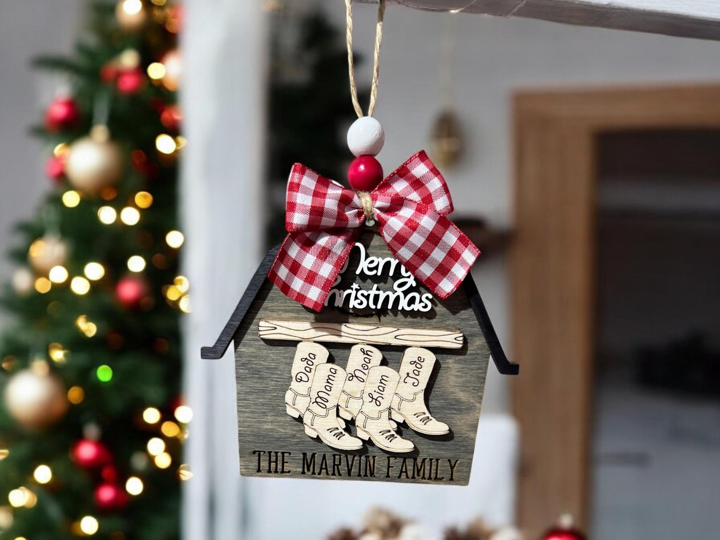 Custom Family Barn Ornament, Boot Ornament, Custom Wooden Ornament, Christmas Ornament, Personalized Farmhouse Ornament, Family Name Gift