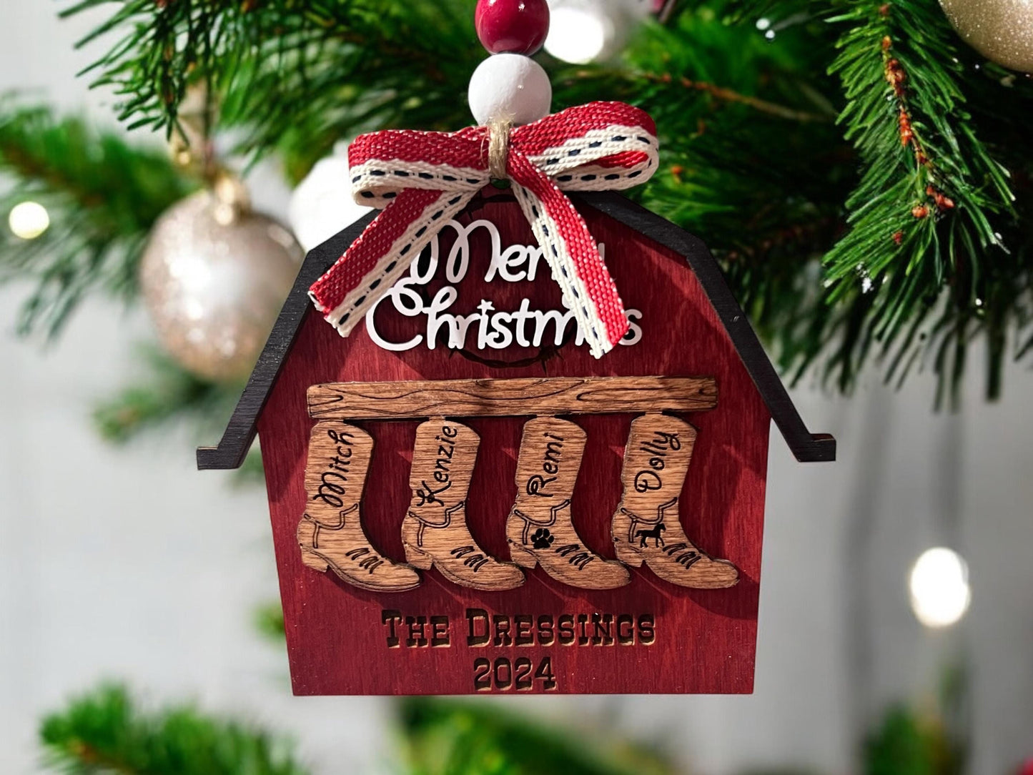 Personalized Boot/Barn Ornament, Farm Ornament, Custom Family Ornament, Christmas Ornament, Personalized Stocking Ornament, Family Name Gift