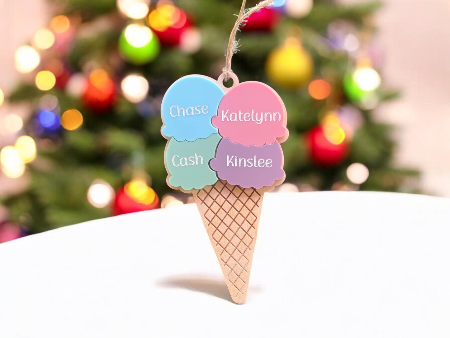 Personalized Ice Cream Cone Ornament, Children's Ornament, 2024 Christmas Ornament, Unique Christmas, Winter Wonderland/Candy Christmas