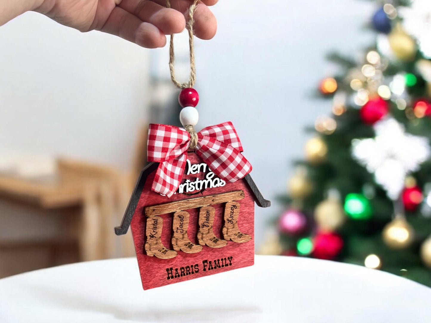 Personalized Boot/Barn Ornament, Farm Ornament, Custom Family Ornament, Christmas Ornament, Personalized Stocking Ornament, Family Name Gift