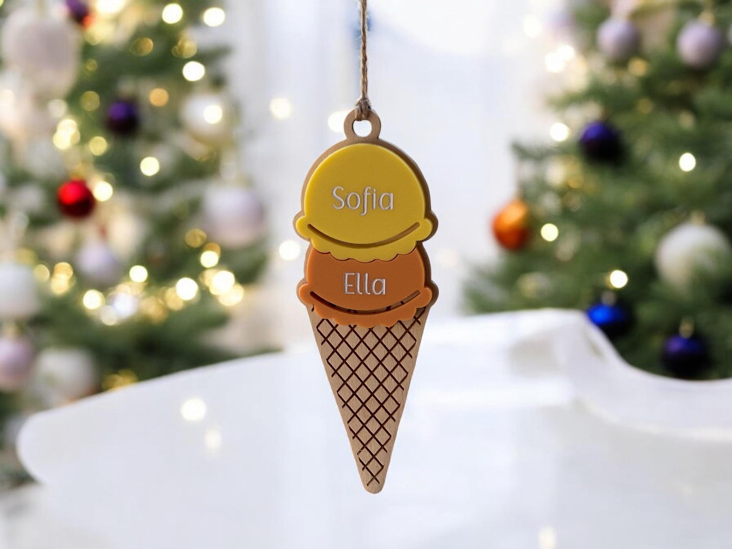Personalized Ice Cream Cone Ornament, Children's Ornament, 2024 Christmas Ornament, Unique Christmas, Winter Wonderland/Candy Christmas