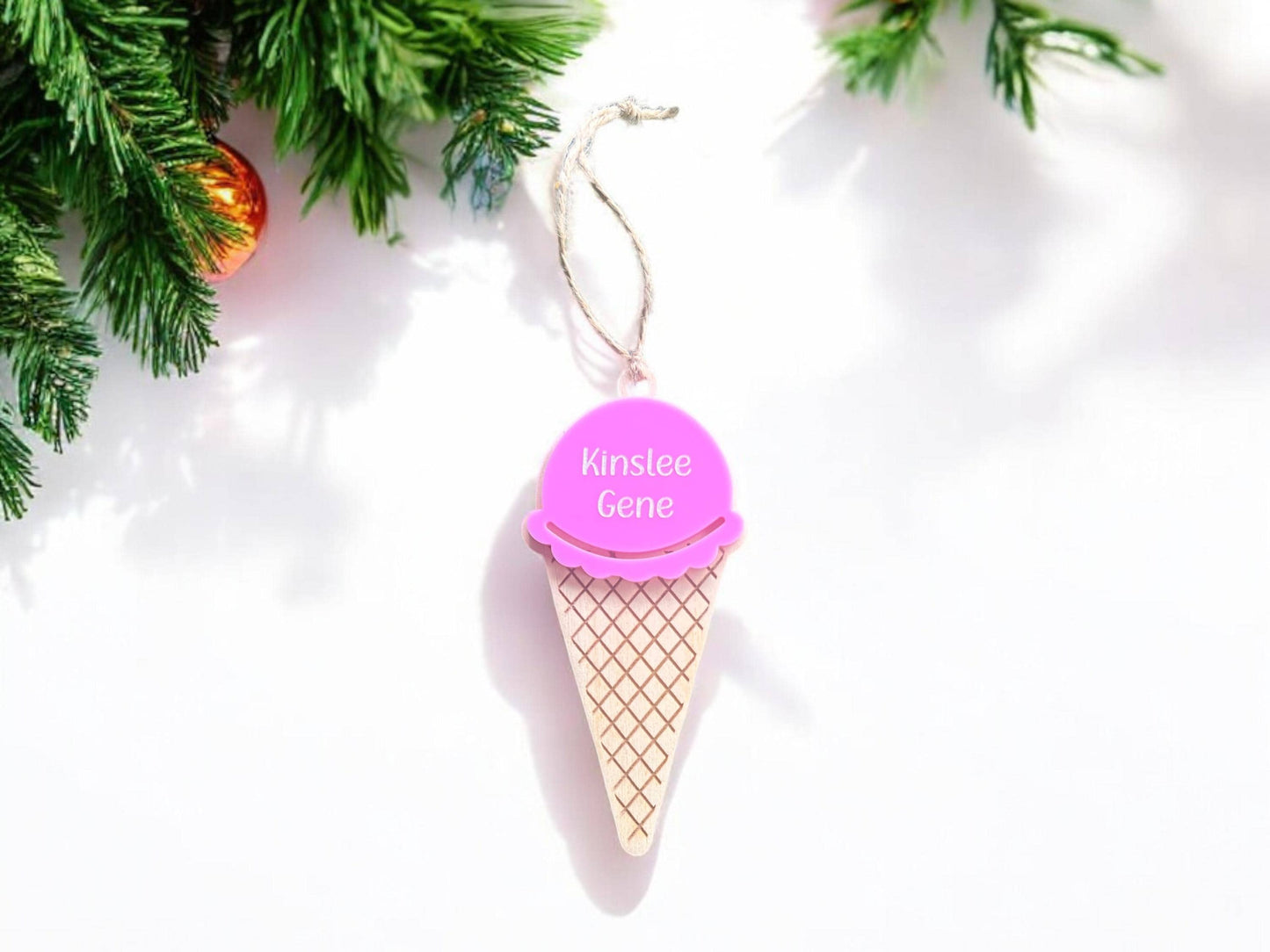 Personalized Ice Cream Cone Ornament, Children's Ornament, 2024 Christmas Ornament, Unique Christmas, Winter Wonderland/Candy Christmas