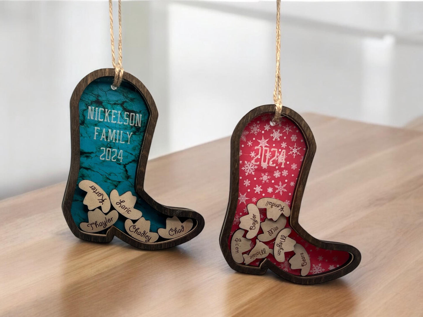 Personalized Shaker Boot Ornament, Family Name Gifts, Christmas Animal Ornament, Cowboy Hat Ornament, Western Ornament, Car Decor, Farm Gift