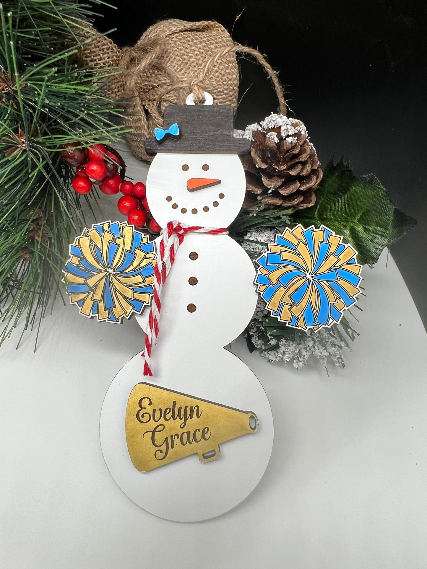 Personalized Cheerleading Snowman Ornament, Christmas Snowman Ornament, Sports Ornament, Gift for Coach/kids, Cheer Gift, Custom Cheer Gift