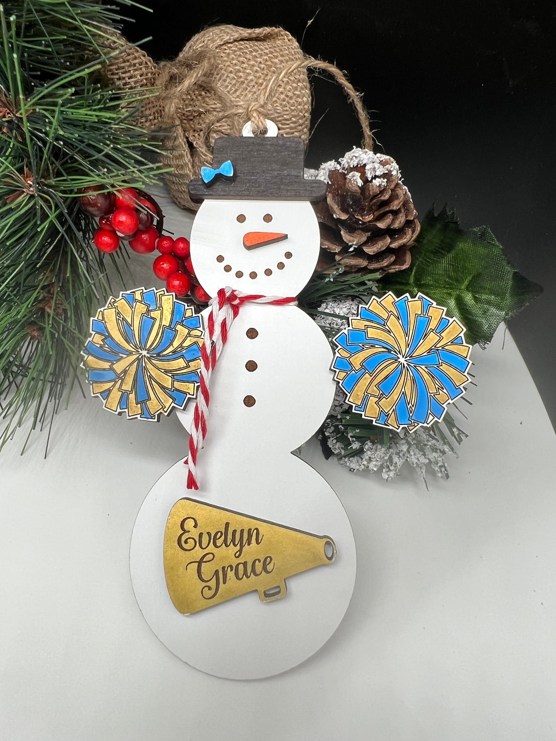 Personalized Cheerleading Snowman Ornament, Christmas Snowman Ornament, Sports Ornament, Gift for Coach/kids, Cheer Gift, Custom Cheer Gift