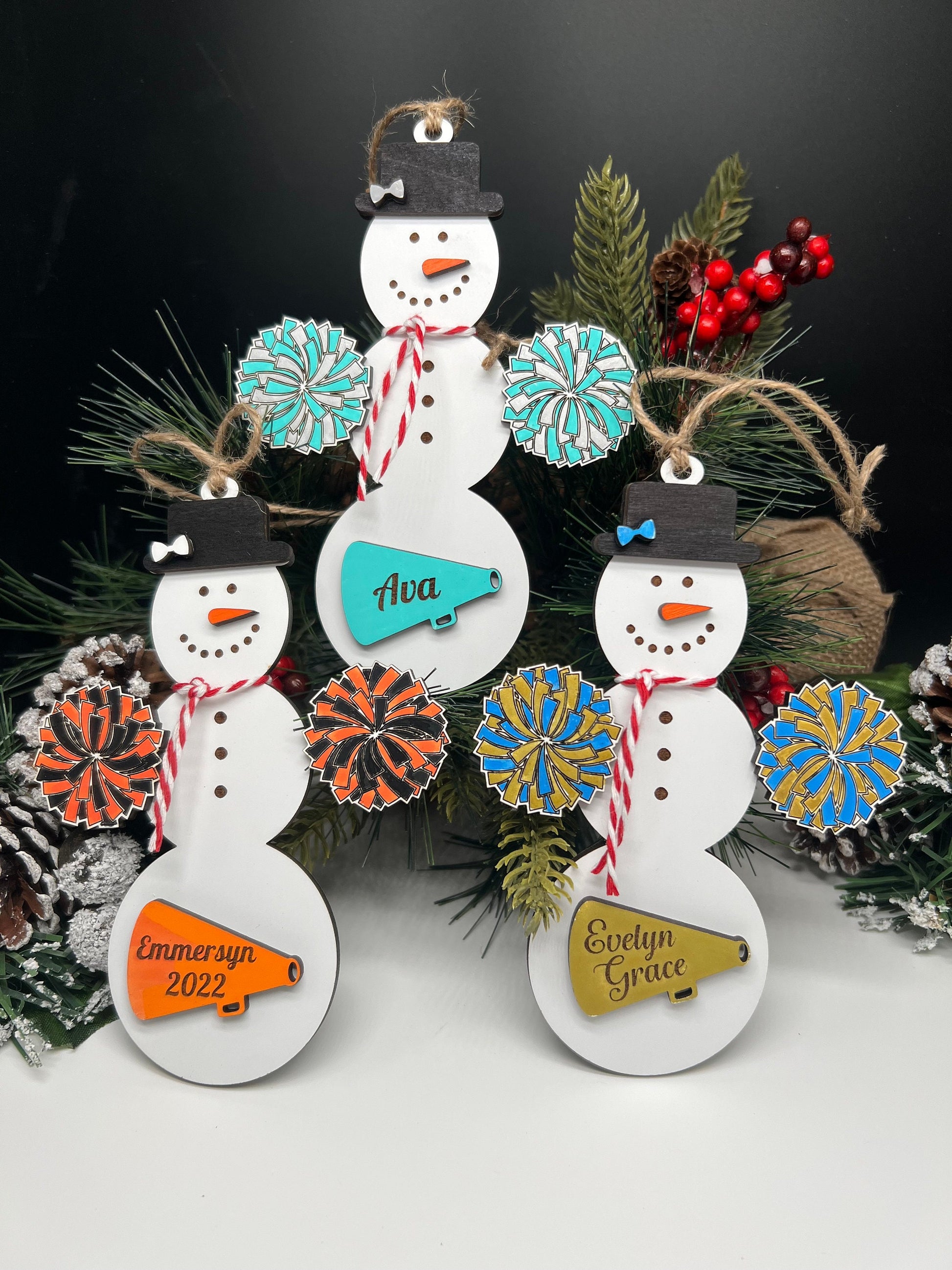 Personalized Cheerleading Snowman Ornament, Christmas Snowman Ornament, Sports Ornament, Gift for Coach/kids, Cheer Gift, Custom Cheer Gift