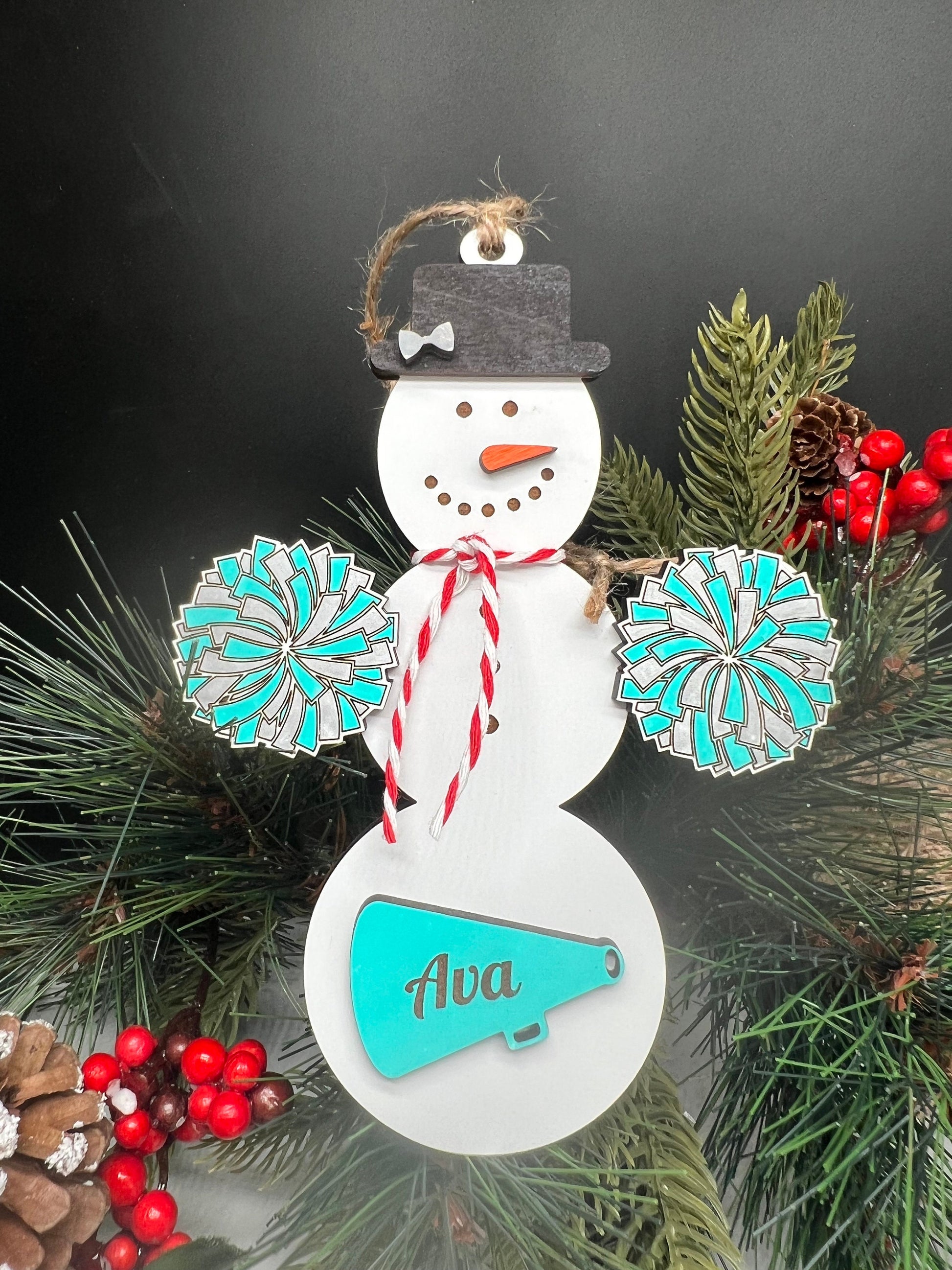 Personalized Cheerleading Snowman Ornament, Christmas Snowman Ornament, Sports Ornament, Gift for Coach/kids, Cheer Gift, Custom Cheer Gift
