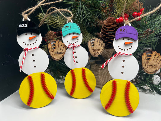 Personalized Softball Snowman Ornament, Gift for Coach, Softball Gift, Softball Ornament, Christmas Tree Decor, Snowman Ornament, Coach/kids