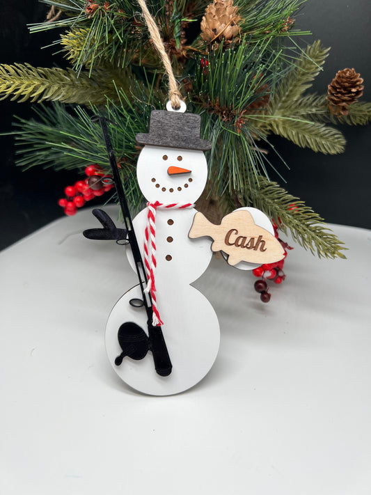 Personalized Fishing Snowman Ornament, Kids Christmas Ornament, Fishing Ornament, Gift for him, Fishing Gift, Sports Ornament, Holiday Decor