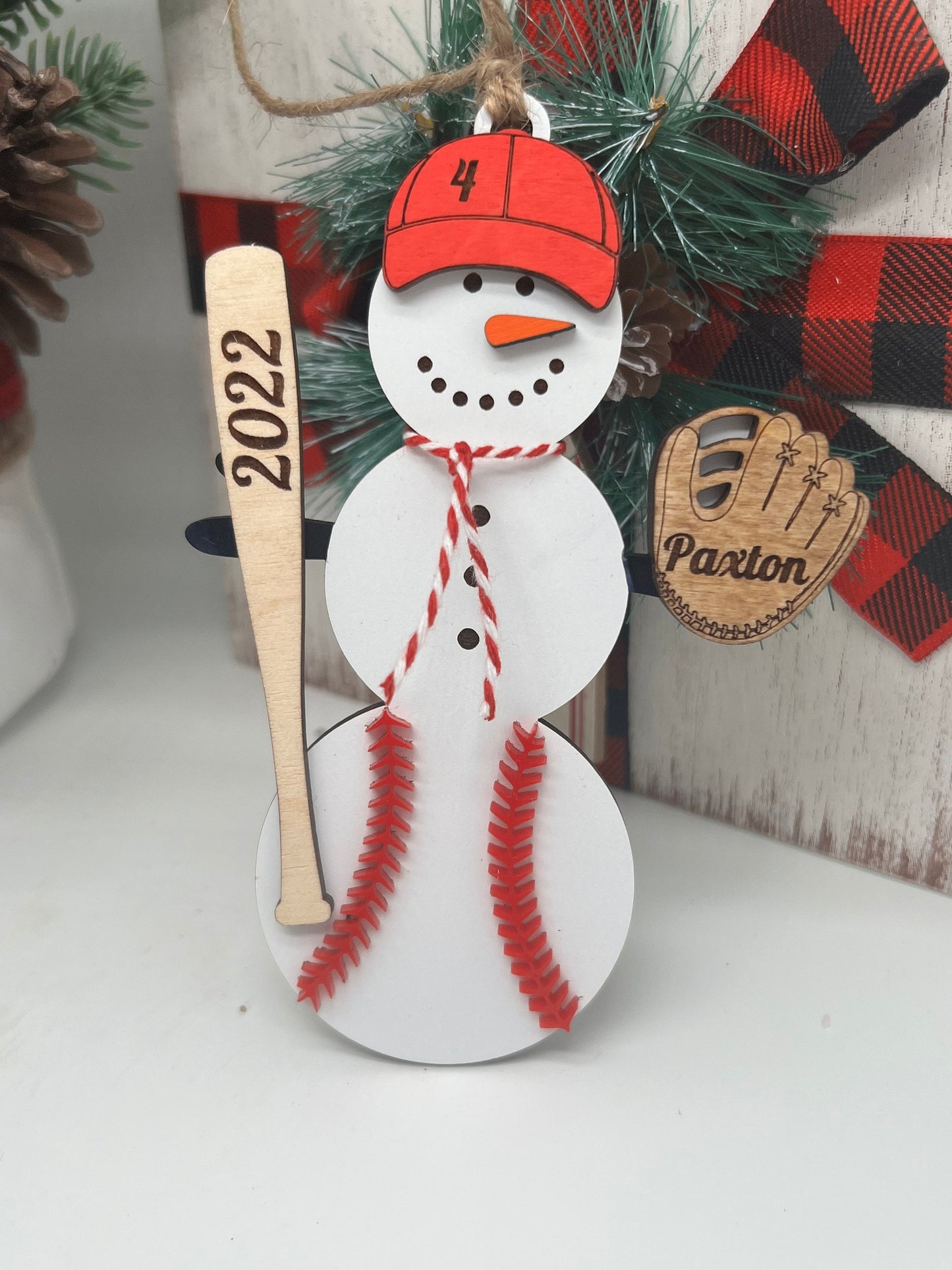 Personalized Baseball Snowman Ornament with Bat, Gift for Coach, Softball Gift, Custom Baseball Gift, Christmas Tree Decor, Snowman Ornament