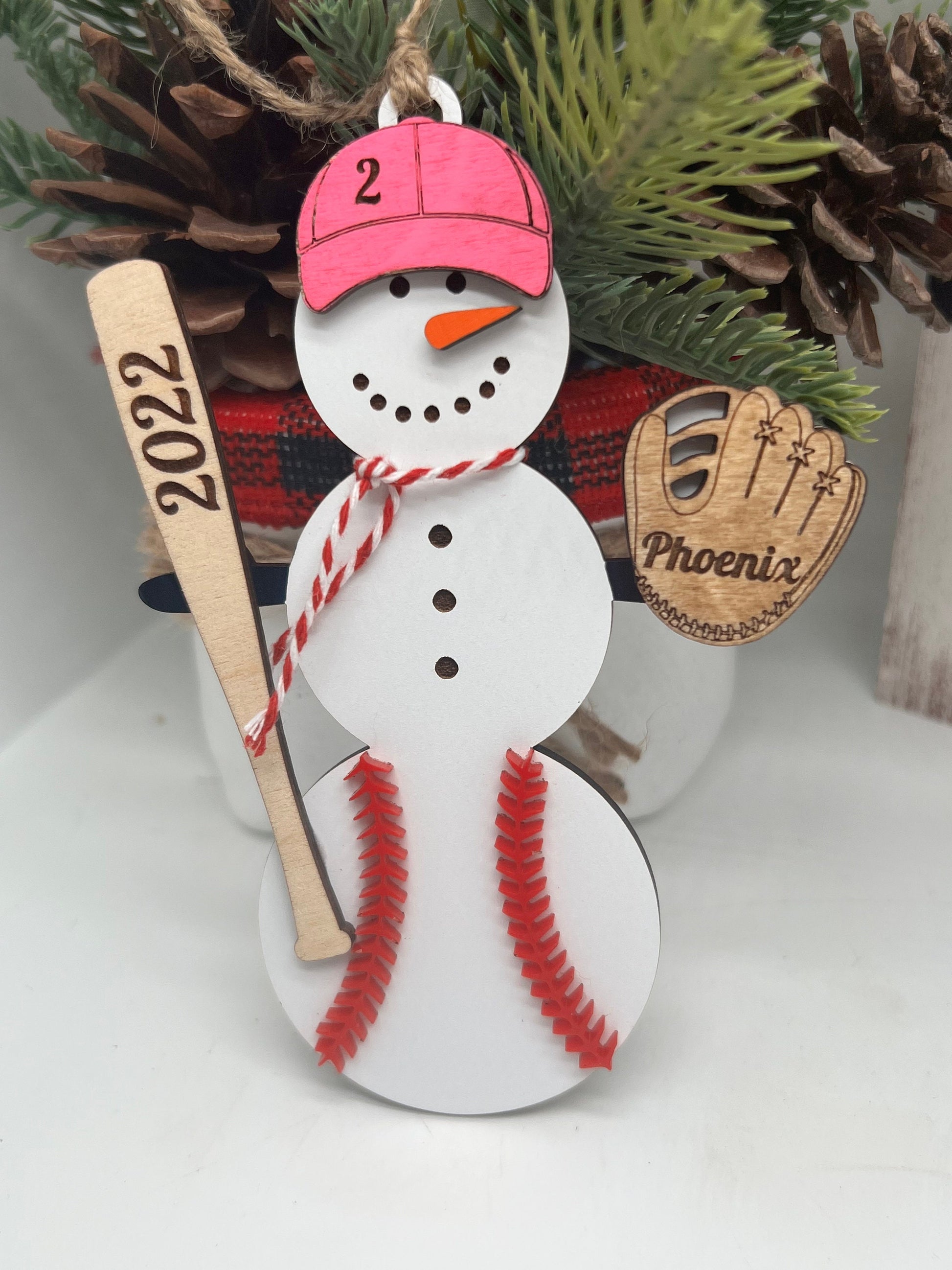 Personalized Baseball Snowman Ornament with Bat, Gift for Coach, Softball Gift, Custom Baseball Gift, Christmas Tree Decor, Snowman Ornament