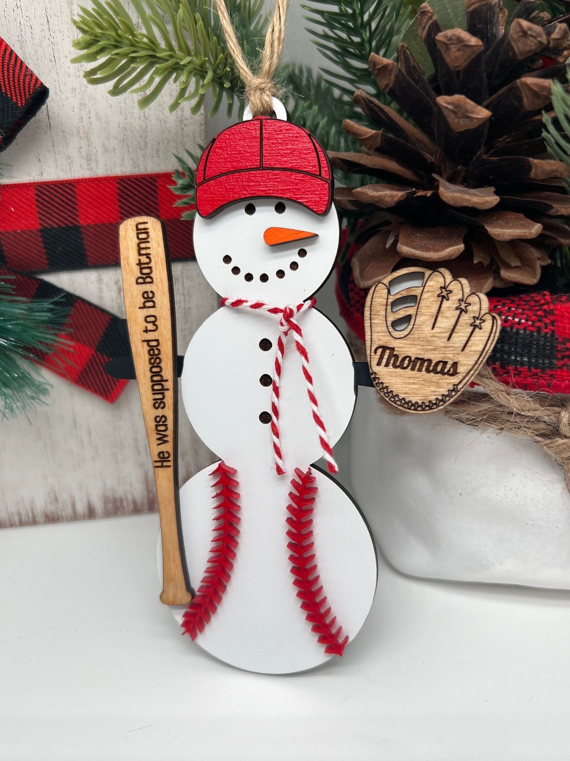 Personalized Baseball Snowman Ornament with Bat, Gift for Coach, Softball Gift, Custom Baseball Gift, Christmas Tree Decor, Snowman Ornament