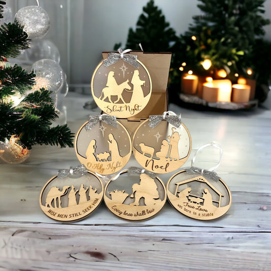 Nativity Ornament Set with Personalized Box, Christmas Ornament Set, Christmas Tree Decor, Custom Christmas Wooden Ornaments, Farmhouse Gift