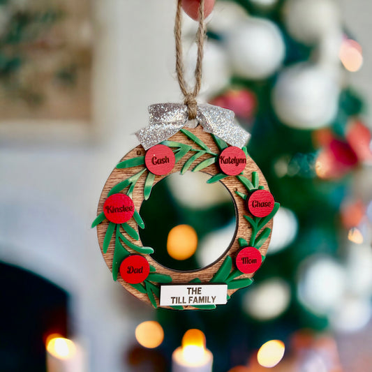 Wreath Family Christmas Ornament, 2023 Custom Family Name Ornament, Christmas Ornament, Wooden Christmas Ornament, Grandparents Ornament