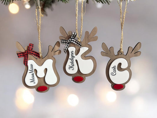 Personalized Reindeer Letter Ornament, Santa Reindeer, Monogram Name Christmas Ornament, Family ornament, Christmas Tree Decor, Stocking Tag