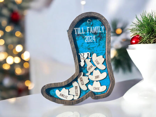 Personalized Shaker Boot Ornament, Family Name Gifts, Christmas Animal Ornament, Cowboy Hat Ornament, Western Ornament, Car Decor, Farm Gift