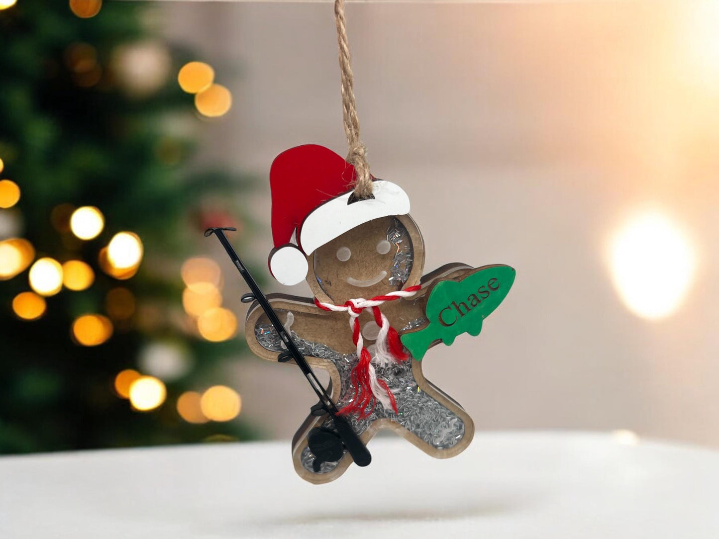 Personalized Gingerbread Fishing Ornament, Gift for her/him, Fisherman Gift, Christmas Ornament for Kids, Shaker Ornament, Sports Ornament