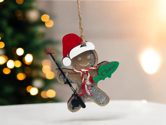 Personalized Gingerbread Fishing Ornament, Gift for her/him, Fisherman Gift, Christmas Ornament for Kids, Shaker Ornament, Sports Ornament