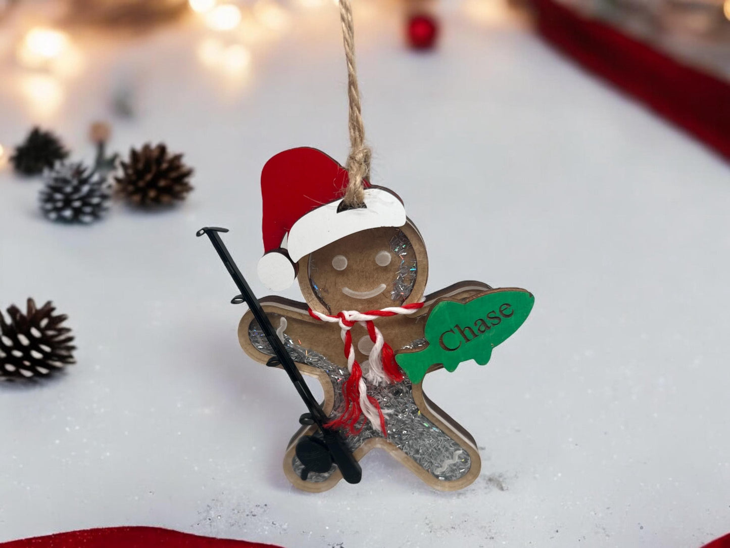 Personalized Gingerbread Fishing Ornament, Gift for her/him, Fisherman Gift, Christmas Ornament for Kids, Shaker Ornament, Sports Ornament
