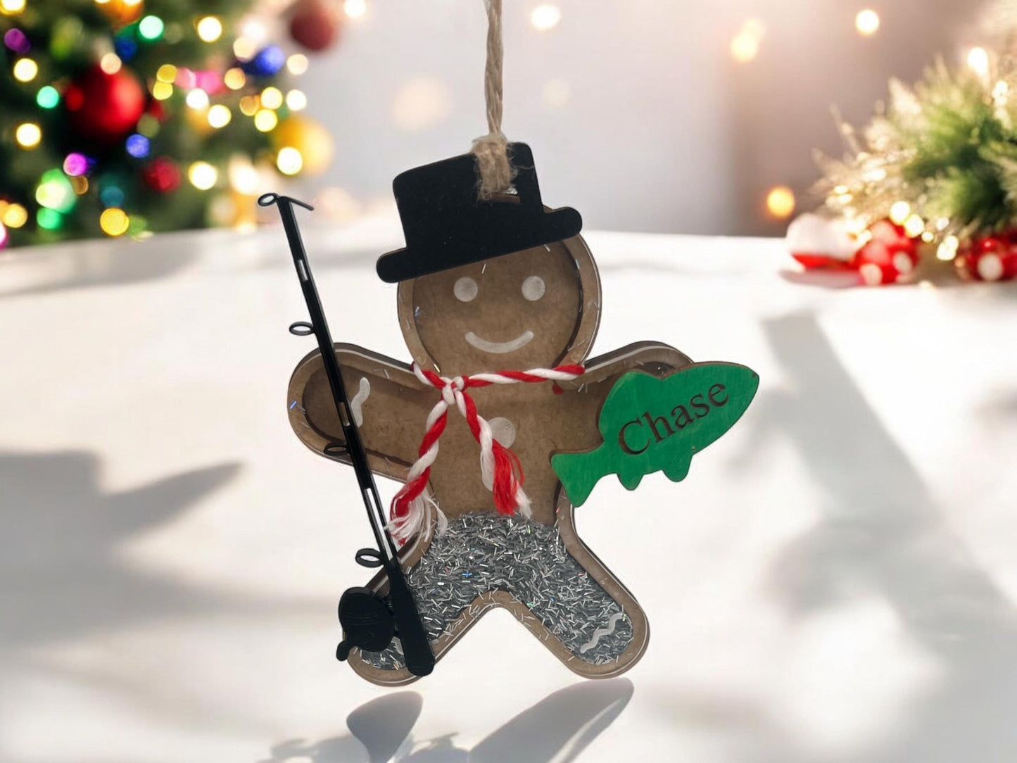 Personalized Gingerbread Fishing Ornament, Gift for her/him, Fisherman Gift, Christmas Ornament for Kids, Shaker Ornament, Sports Ornament