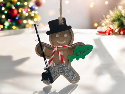Personalized Gingerbread Fishing Ornament, Gift for her/him, Fisherman Gift, Christmas Ornament for Kids, Shaker Ornament, Sports Ornament