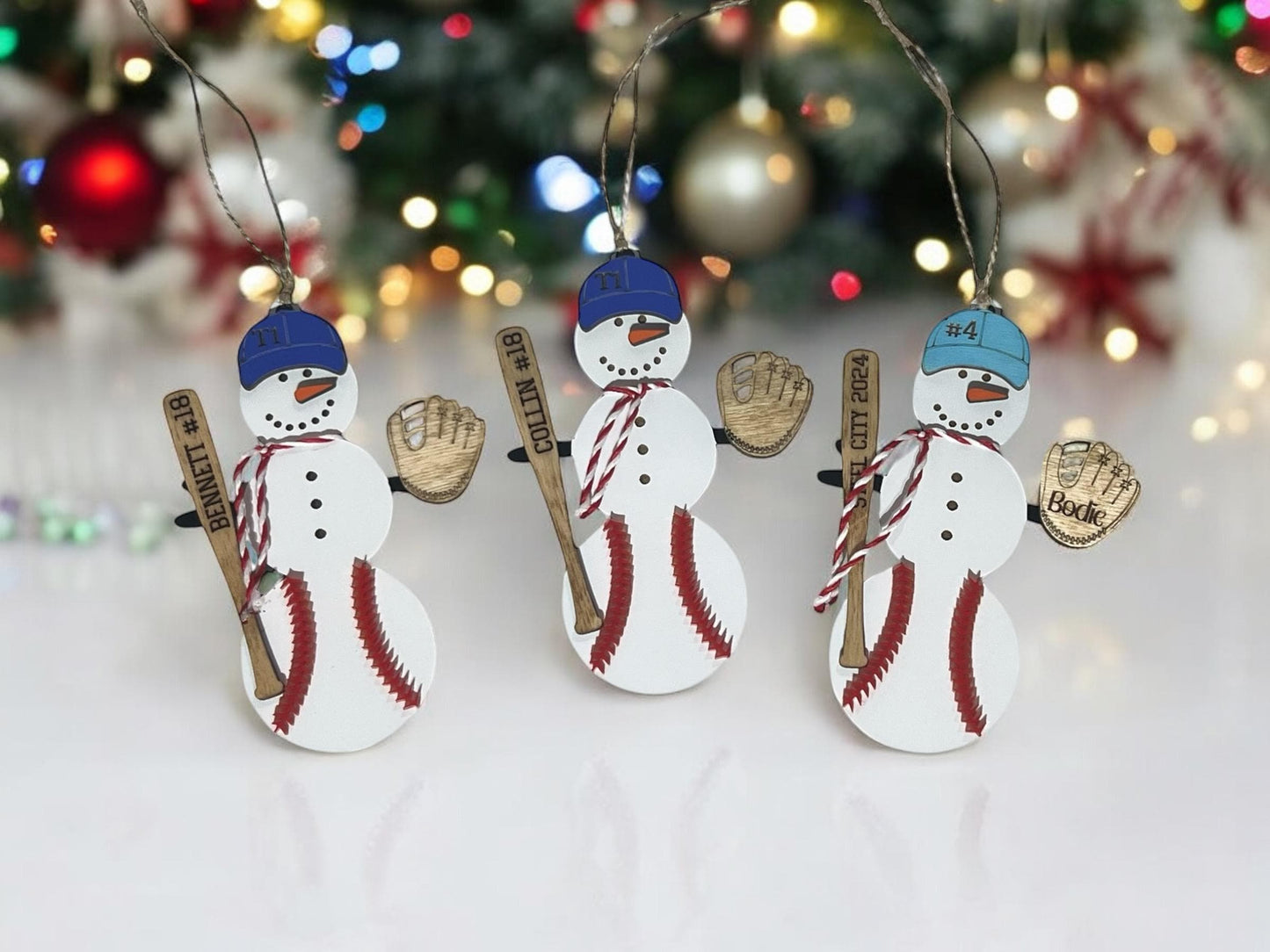 Personalized Baseball Snowman Ornament with Bat, Gift for Coach, Softball Gift, Custom Baseball Gift, Christmas Tree Decor, Snowman Ornament