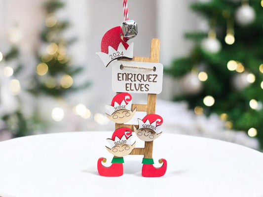 Personalized Elf Ladder Ornament, Grandparent Ornament, 2024 Christmas Ornament, Custom Family Ornament, Children Ornament, Tree Ornament