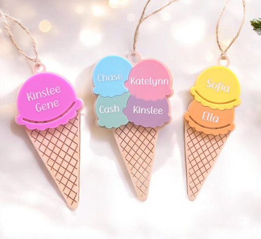 Personalized Ice Cream Cone Ornament, Children's Ornament, 2024 Christmas Ornament, Unique Christmas, Winter Wonderland/Candy Christmas