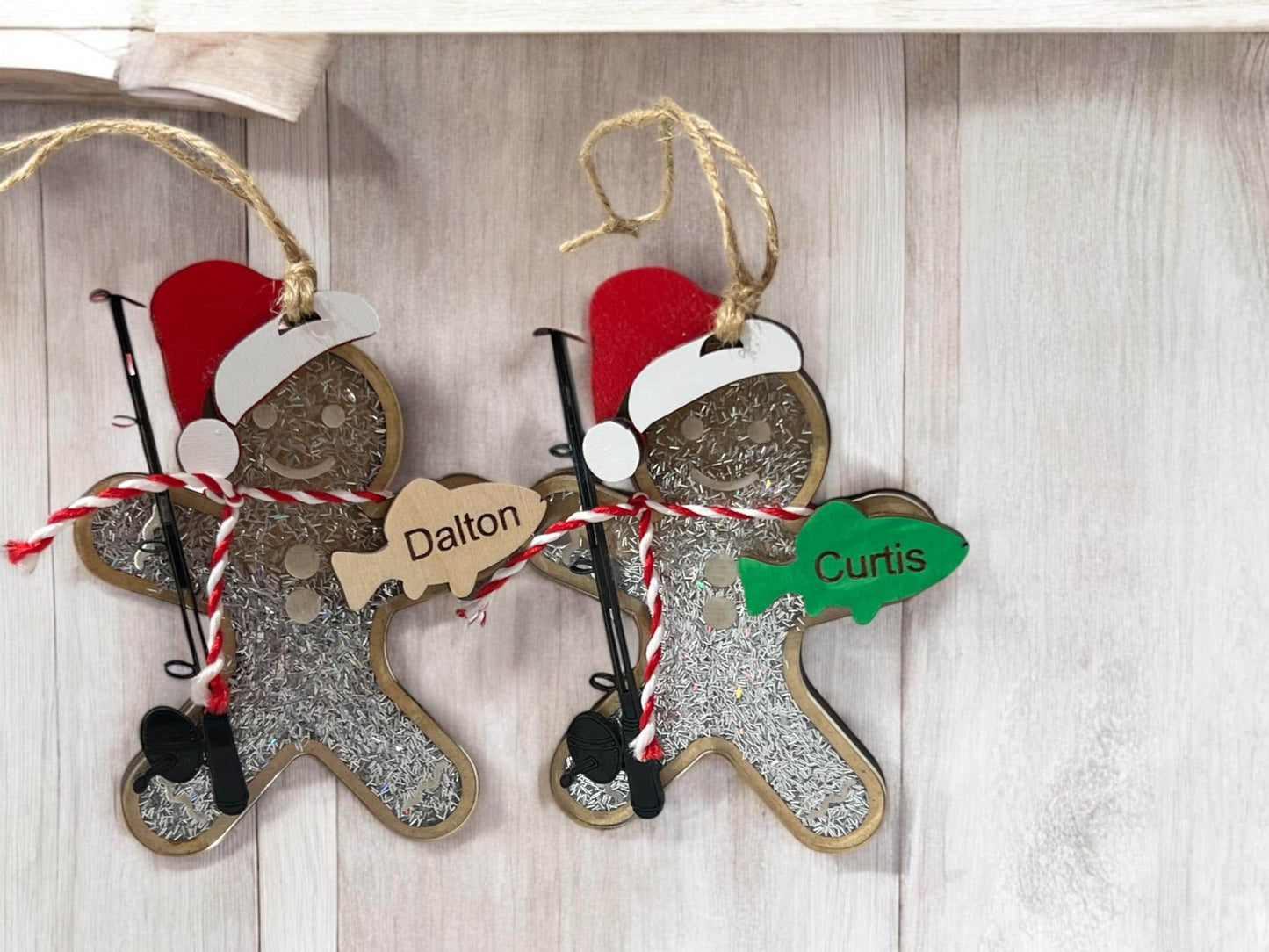 Personalized Gingerbread Fishing Ornament, Gift for her/him, Fisherman Gift, Christmas Ornament for Kids, Shaker Ornament, Sports Ornament