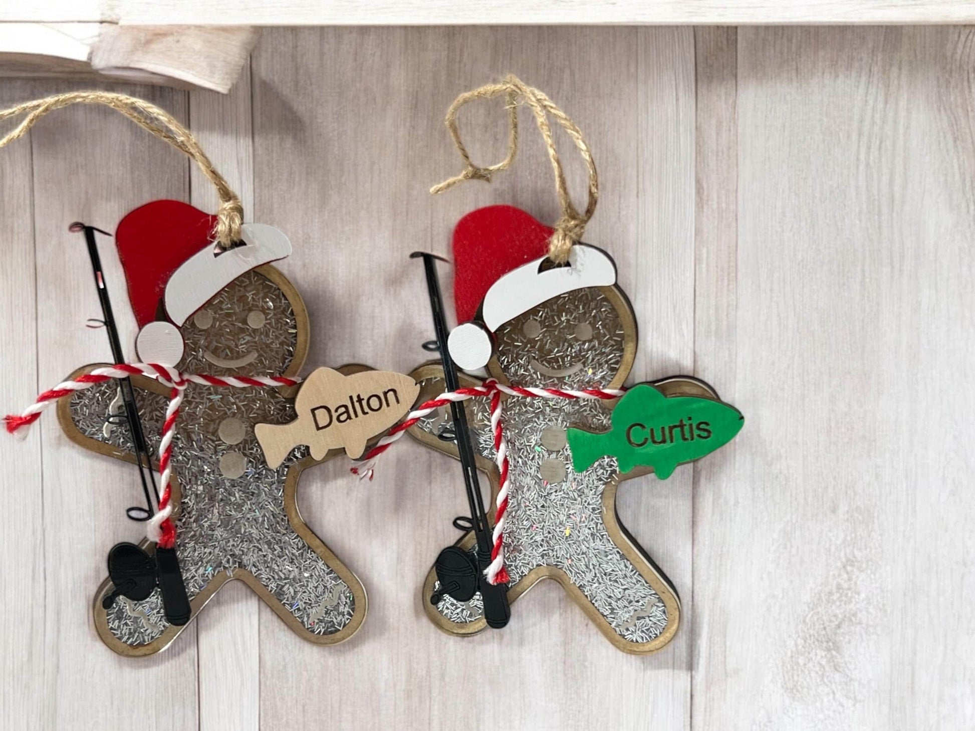 Personalized Gingerbread Fishing Ornament, Gift for her/him, Fisherman Gift, Christmas Ornament for Kids, Shaker Ornament, Sports Ornament