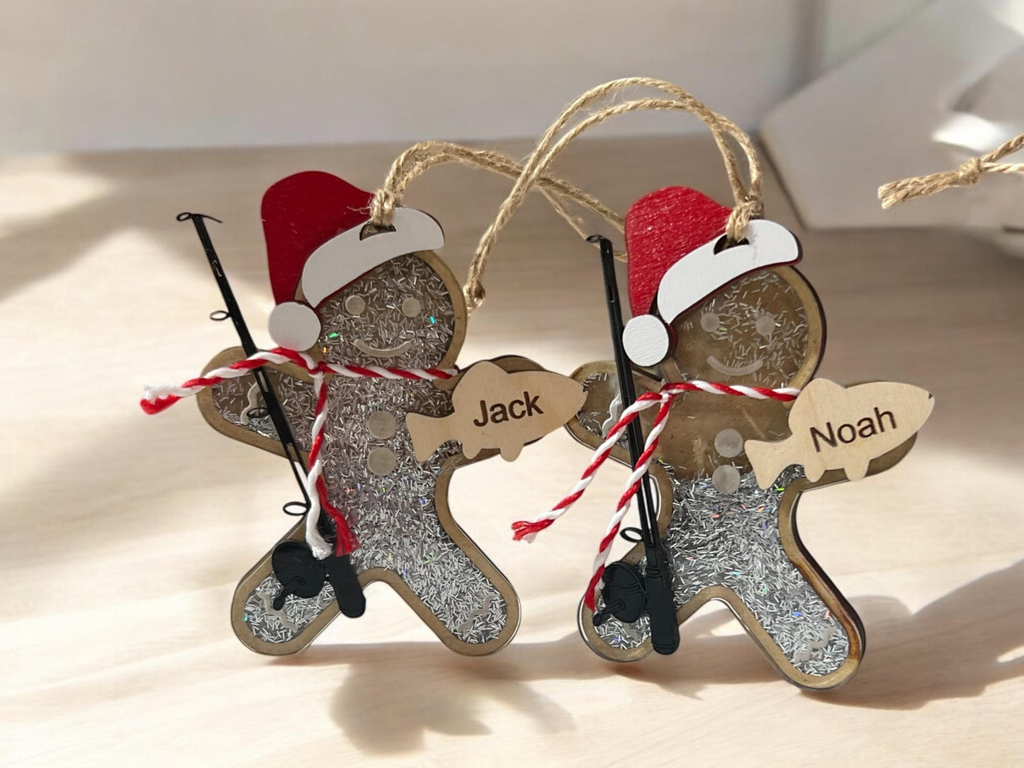 Personalized Gingerbread Fishing Ornament, Gift for her/him, Fisherman Gift, Christmas Ornament for Kids, Shaker Ornament, Sports Ornament