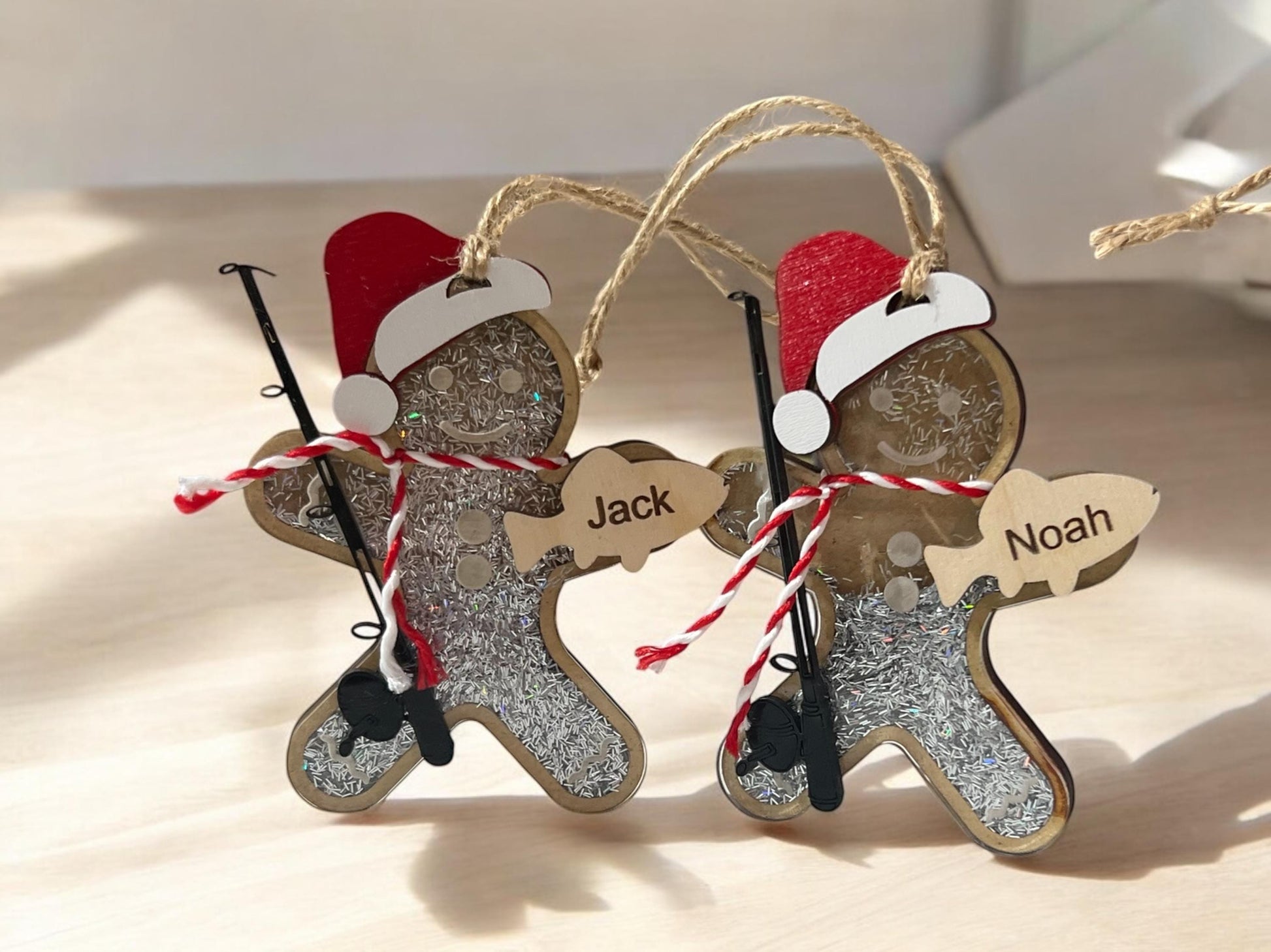 Personalized Gingerbread Fishing Ornament, Gift for her/him, Fisherman Gift, Christmas Ornament for Kids, Shaker Ornament, Sports Ornament