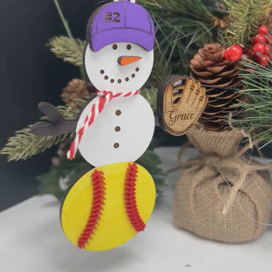 Personalized Softball Snowman Ornament, Gift for Coach, Softball Gift, Softball Ornament, Christmas Tree Decor, Snowman Ornament, Coach/kids
